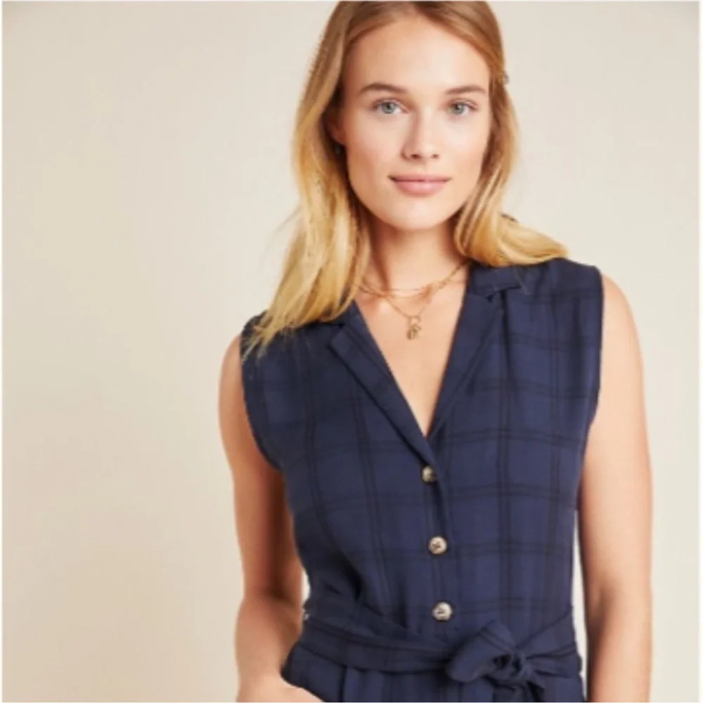 NWT Anthropologie Navy Plaid Sleeveless Cropped Jumpsuit Pockets Small - Picture 5 of 9